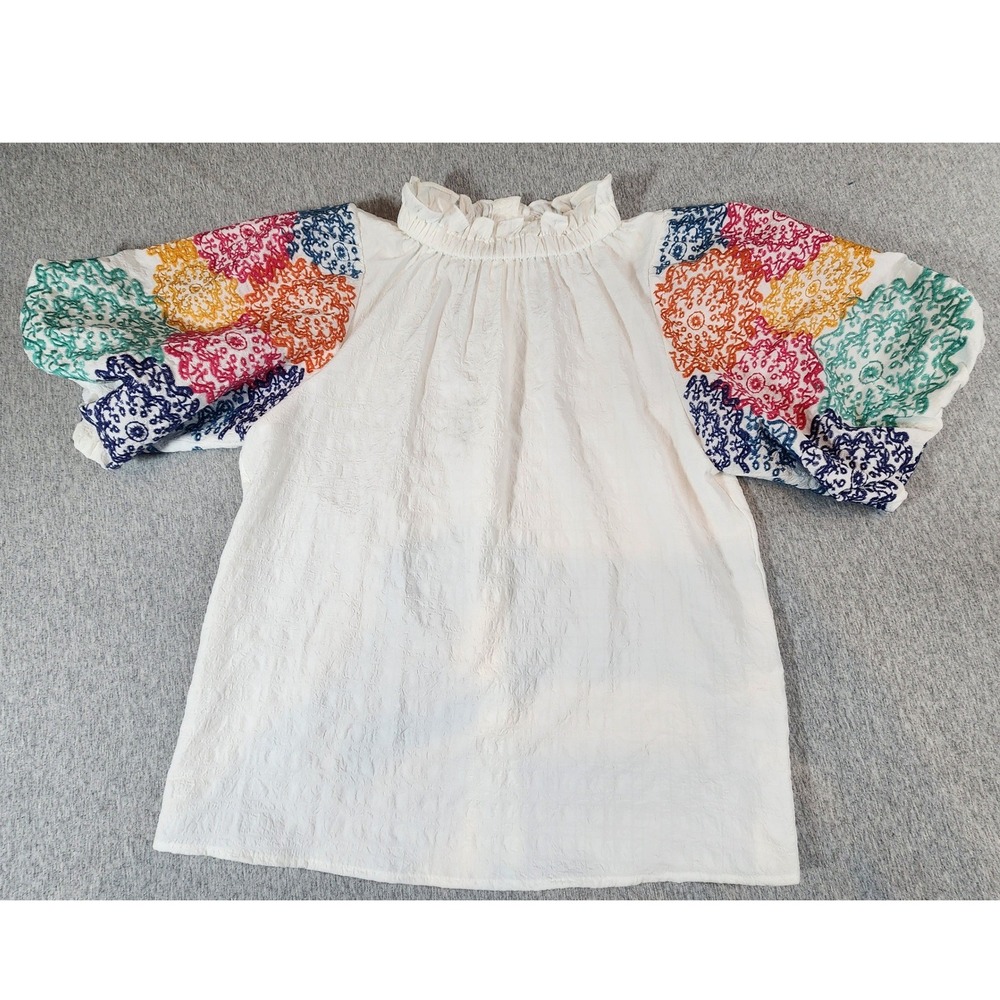 THML Embroidered Puff Sleeve Top Womens Medium White Multi Boho Blouse